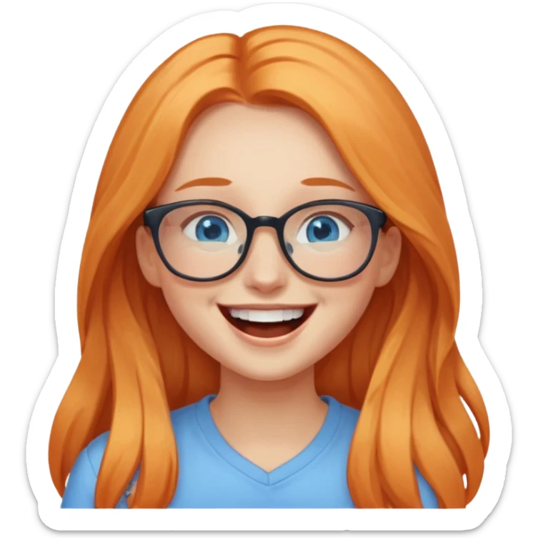a girl with blue eyes, glasses and light orange long hair laughing sticker
