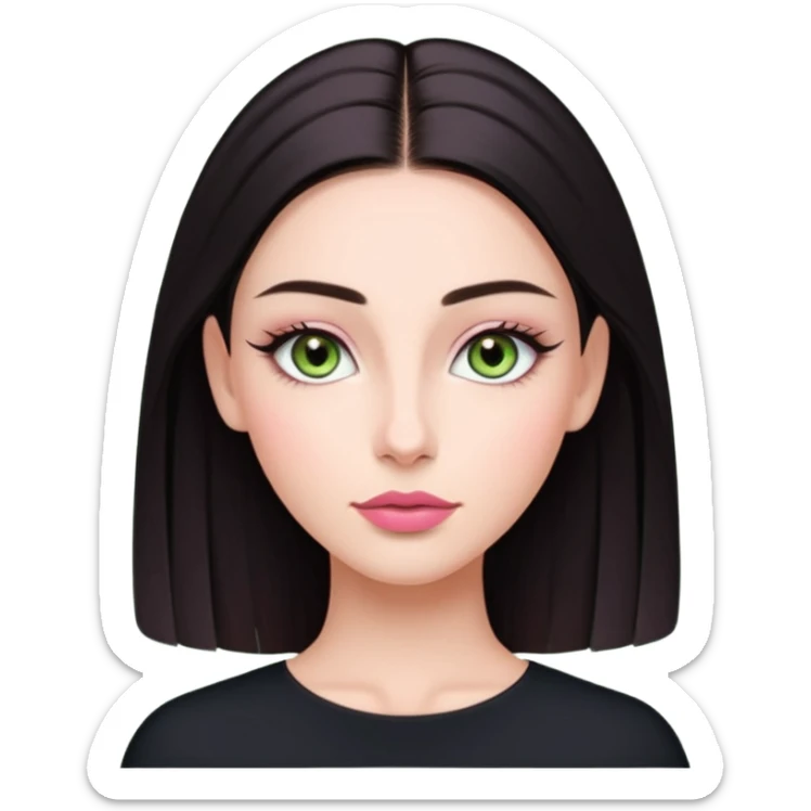 Front-facing portrait of a young woman with fair glowing skin, symmetrical features, light green almond-shaped eyes, long lashes, soft arched brows, straight refined nose, and full natural pink lips. Dark sleek hair pulled back with a middle part.  sticker