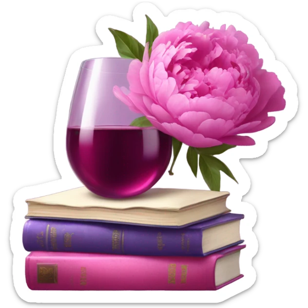 A violet  stack of books with deep pink peonies and a glass of pink wine sticker