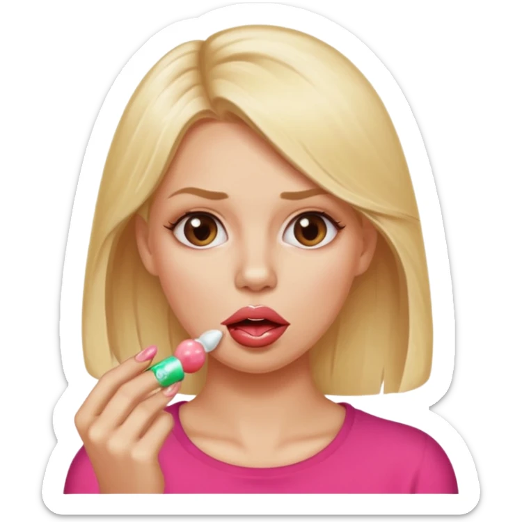 Elle fais une peu petasse, elle se mord le coin la lèvres. Elle est blonde. Ongles vernis marrons. Elle mâche un chewing-gum  sticker