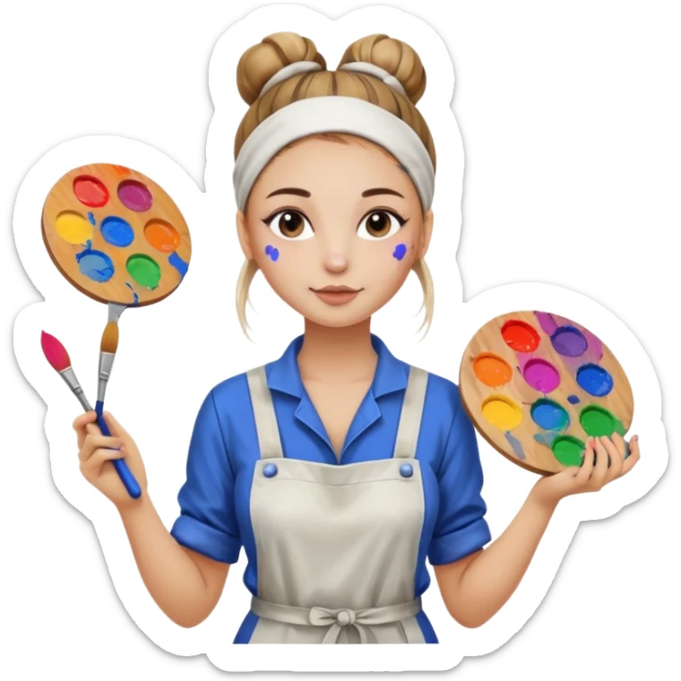 beautiful girl with a bun on her head in a jumpsuit with paint stains, holding a palette and a brush in her hands sticker