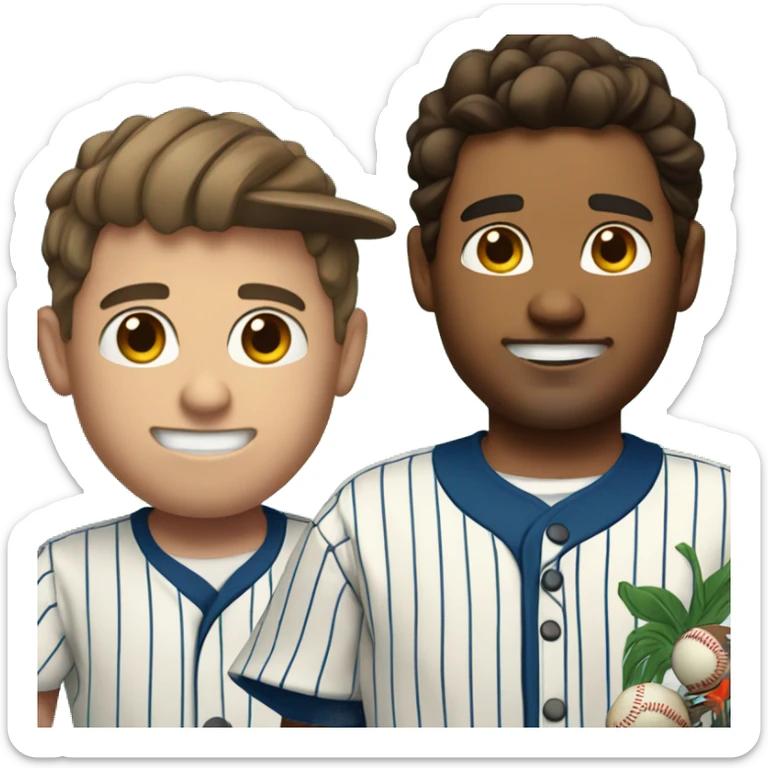 Man with brown hair in a Hawaiian shirt negotiates with a Latino baseball player wearing pinstripes  sticker