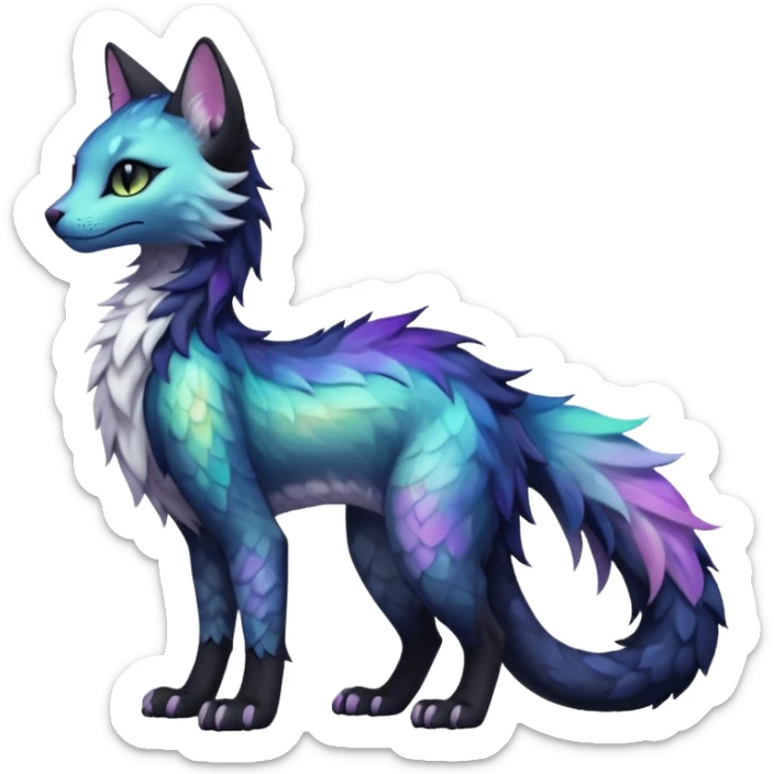 Kawaii black pastel iridescent beautiful pretty elegant divine edgy fantasy feline-vernid-sergal-fursona animal creature with a tufted tail full body with intricate markings  sticker