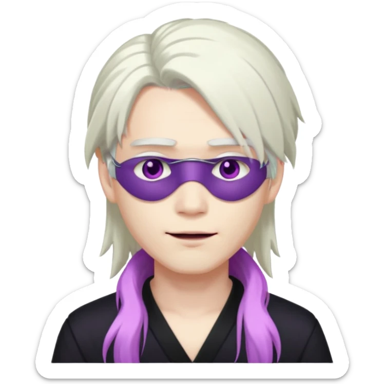 A young pale skinned Japanese man, with long free white hair. Purple eyes pink lips. Devious smile and an eyepatch sticker