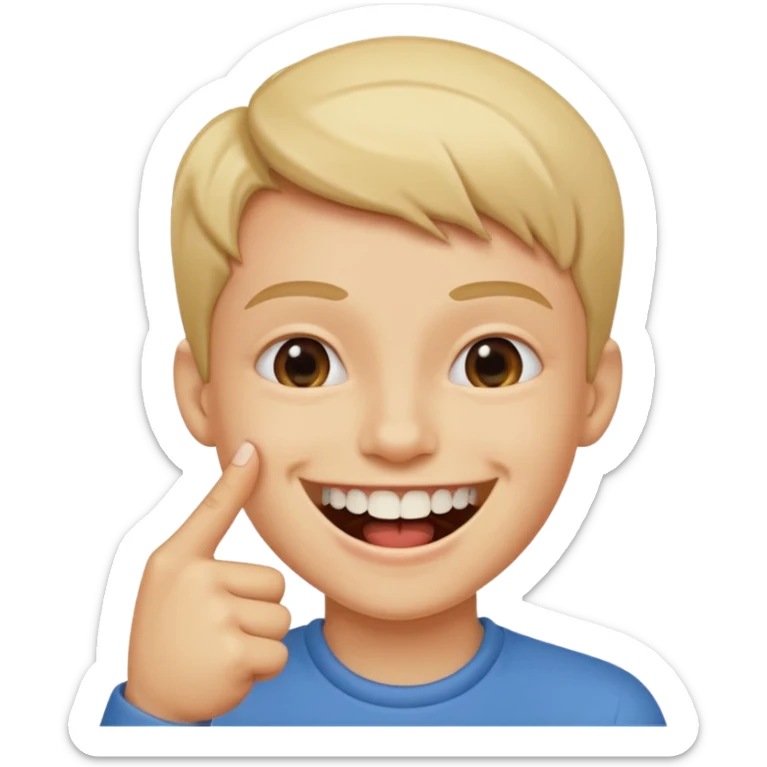 Con una sonrisa en la cara mientras muerde la punta del dedo indice en la boca son sus dientes sticker
