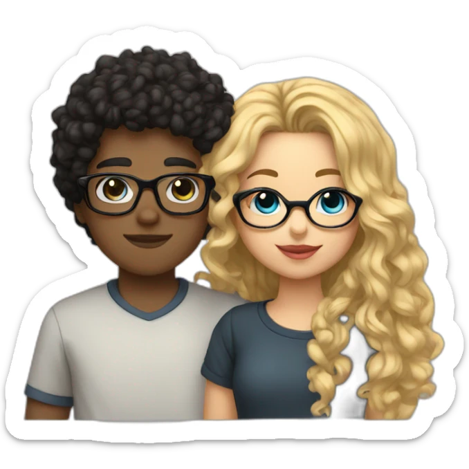 Boy curly blonde hair and glasses kissing girl wavy black hair and glasses sticker