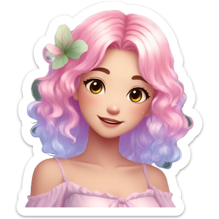 Gorgeous Beautiful Blushing Petite Colorful-Shiny-Pastel-Fairy-Anime-Girl with beautiful gradient pastel hair aesthetic sticker