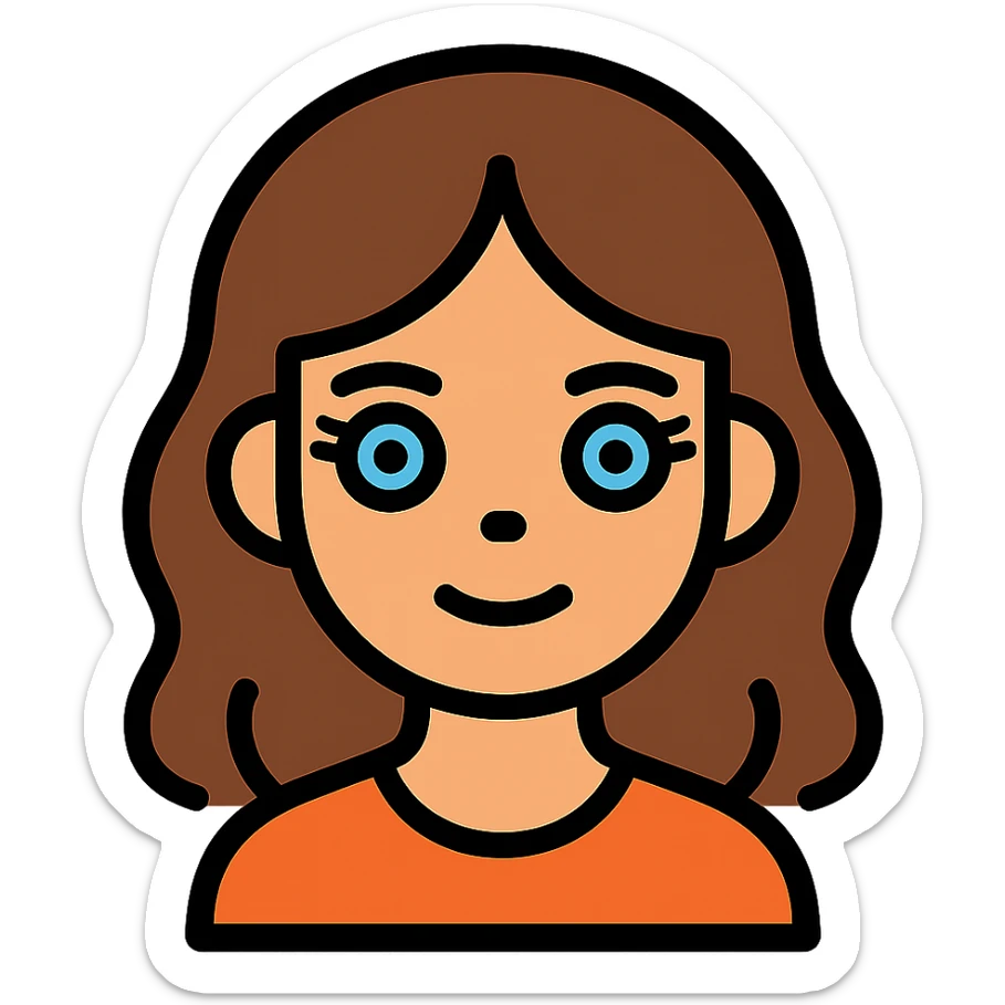An icon-style emoji of a brunette girl with medium, slightly wavy hair, normal skin tone, a button nose, beautiful blue eyes with eyelashes. sticker