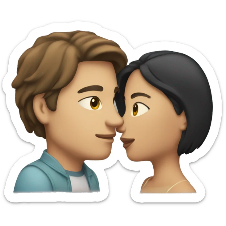 a couple kissing. The man has shoulder long brown hair and the woman has chin-length black hair. both have white skin sticker