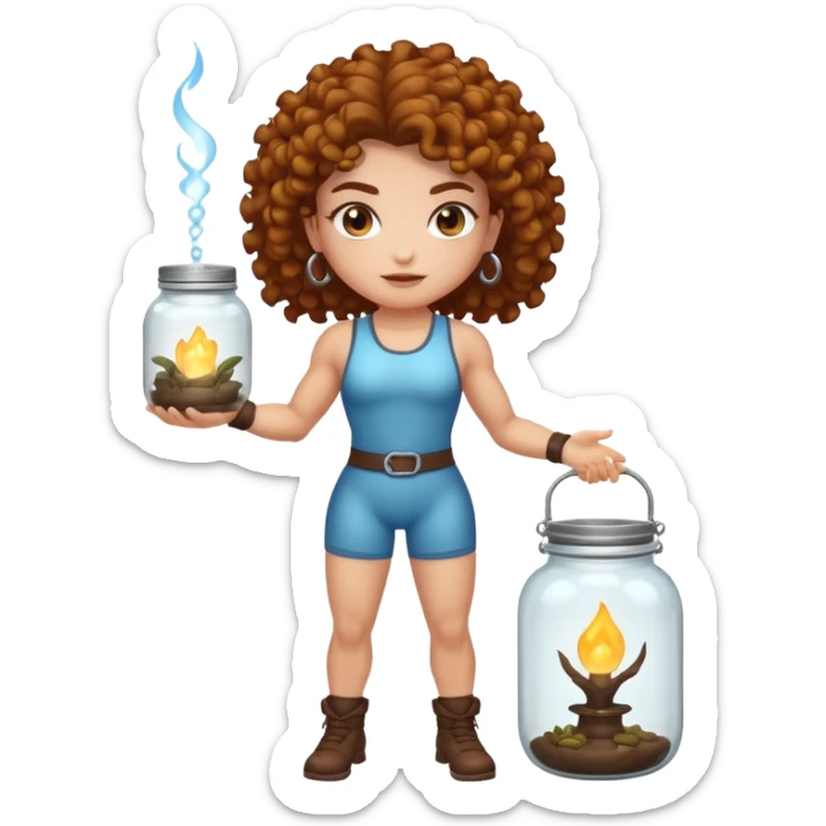 full body woman short curly brown mullet brown eyes white skin muscular build bug catcher spirit with glowing jar sticker