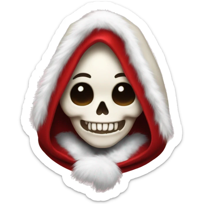 Cute, happy young skull wearing a red velvet hood with white fur trim. sticker
