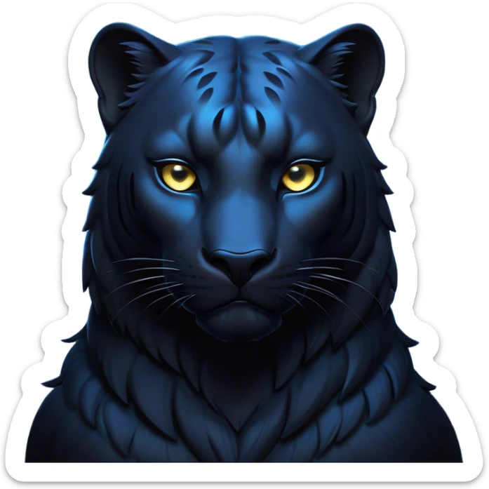 Cinematic Noble Panther Portrait Emoji, Poised and regal, with a sleek, muscular build draped in glossy, midnight-black fur and piercing, luminescent eyes, Simplified yet sharp and sophisticated features, highly detailed, glowing with a soft, mysterious glow, high shine, intelligent and enigmatic, stylized with an air of stealthy authority, focused and commanding, soft glowing outline, capturing the essence of a watchful and confident jungle guardian that appears ready to prowl out of the screen with effortless authority! sticker