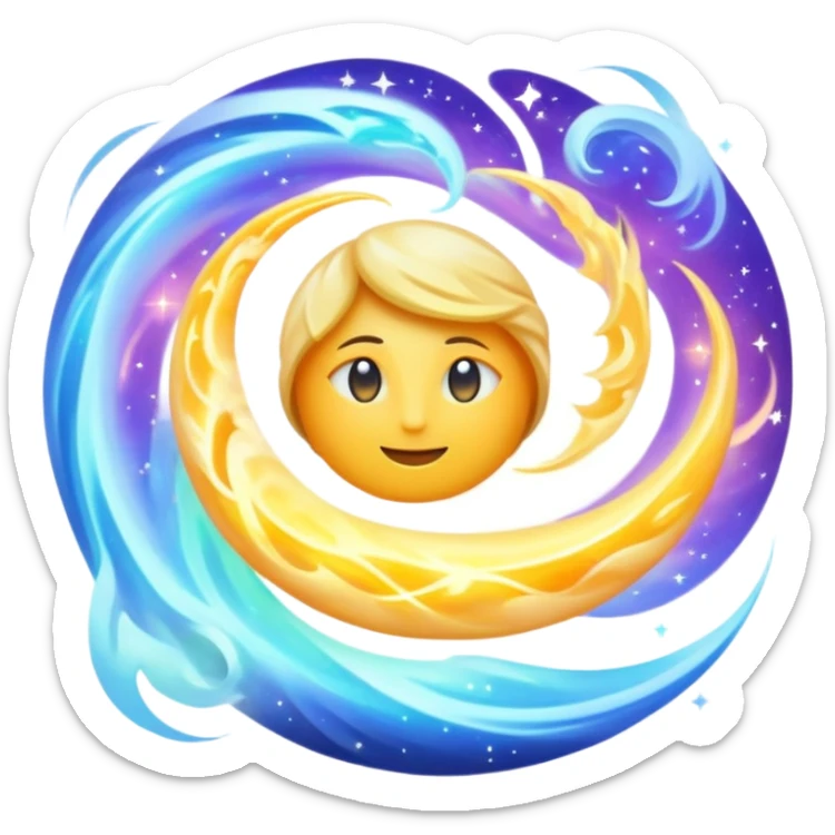Create an emoji representation of 'The Archon,' a theory by the asuras of Epheotus. It symbolizes life emerging from pure aether in the Aether Realm. Include mystical energy, divine creation, and an ethereal, otherworldly essence. Think cosmic birth, flowing energy, and celestial themes sticker
