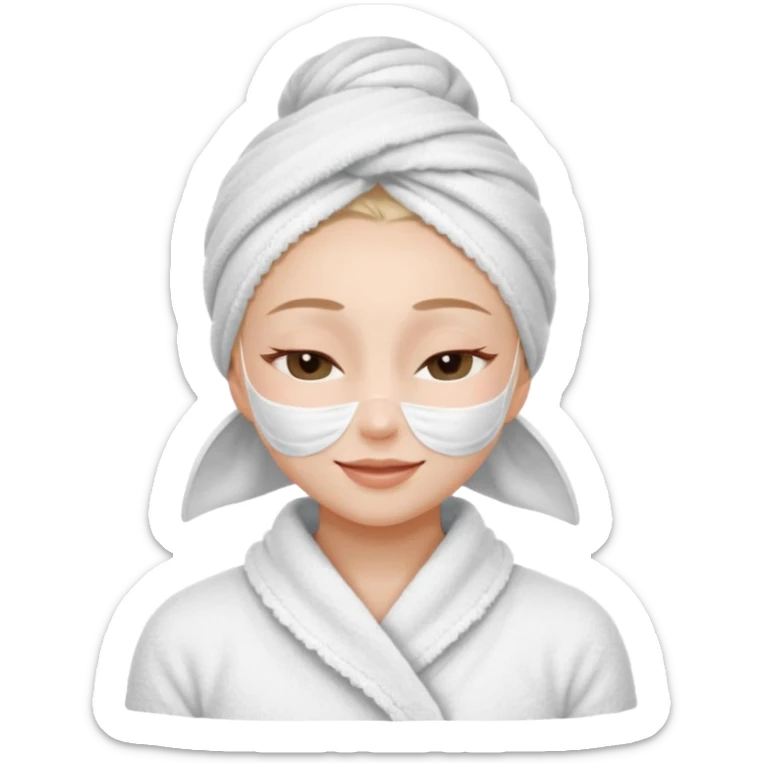 cute girl with her eyes closed and smiling, wearing a white spa towel as her clothes in she has a white spa towel on her head, white face skincare mask sticker
