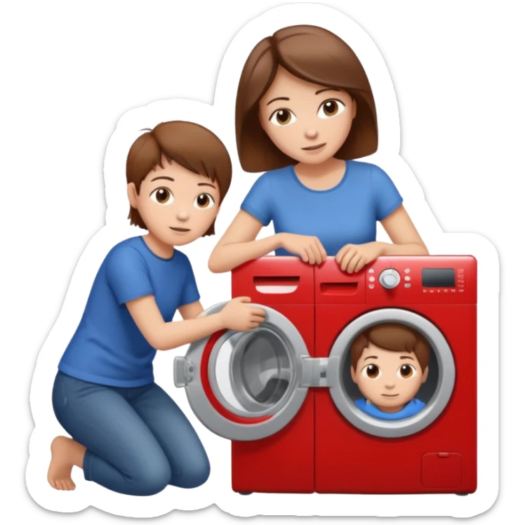 Mother and little son with brown hair putting clothes in the washing machine sticker