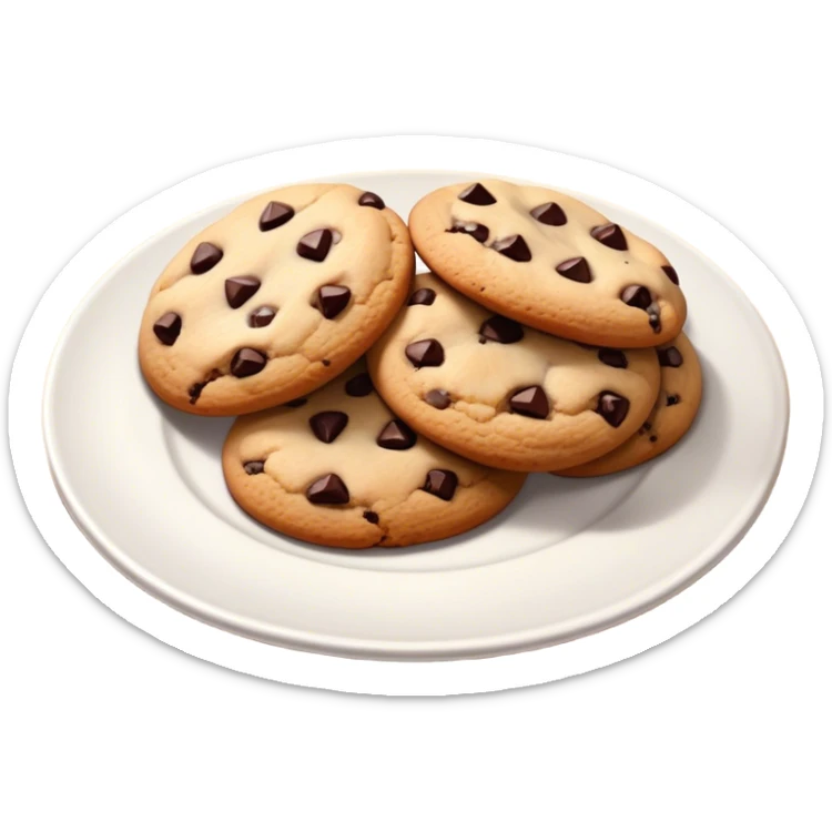 Cinematic Realistic Cookies Dessert Emoji, showcasing a plate of freshly baked cookies with gooey chocolate chips rendered with lifelike textures and warm, homey lighting. sticker