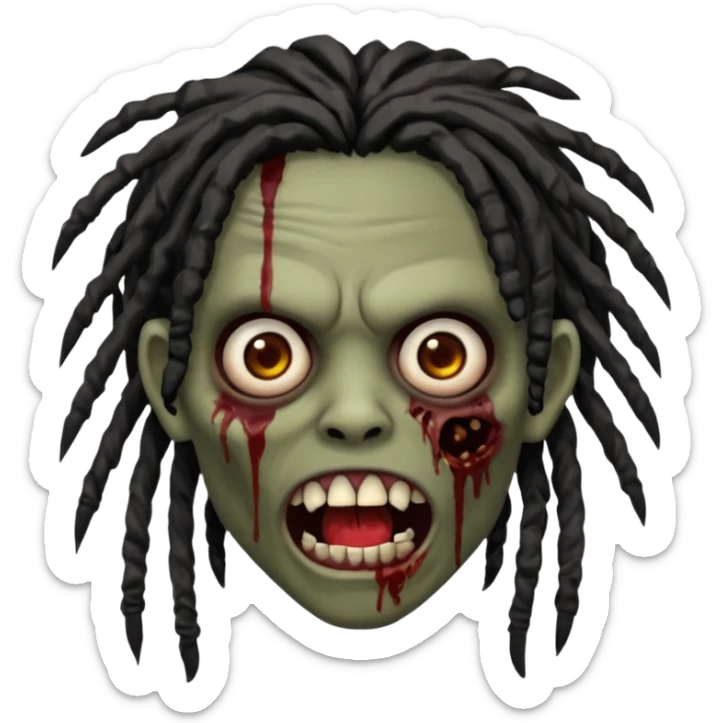 zombie with brown skin, messy black dreads hair, wide centered brown eyes, dark bloody marks under the eyes, and a slightly open mouth showing crooked teeth grillz, giving a distressed, undead look. sticker