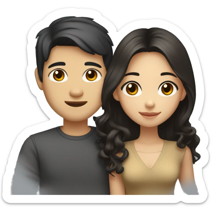 A half pale Asian man with short dark hair and amber eyes embracing and loving a half Asian woman with long wavy dark hair and dark hazel eyes. They love each other a lot And have good fashion taste. sticker