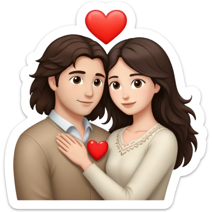 A couple embracing, man with light mestizo skin and straight dark brown hair, woman with fair skin and long slightly wavy dark brown hair, with white hearts around them sticker