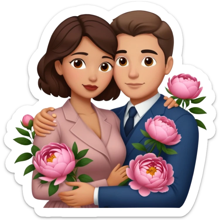 couple hug with warm Latina girl and russian man elegant peonies garden roses  sticker