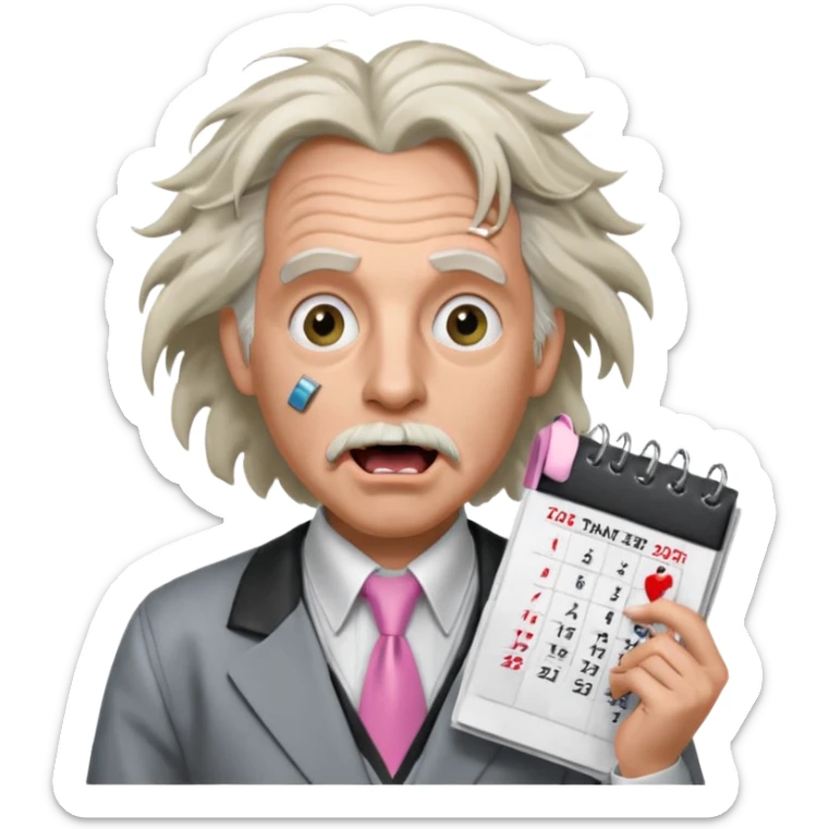 Doc Brown, in Back to the Future, with his hair all over the place and his mouth wide open. No glasses. Wearing a silver dress with black trim, a pink collared shirt and a white tie, holding a calendar.  sticker