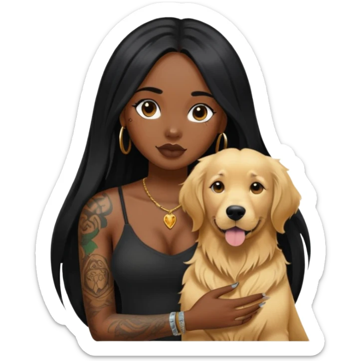 black girl with long black  straight hair and tattoos and  a golden retriever sticker