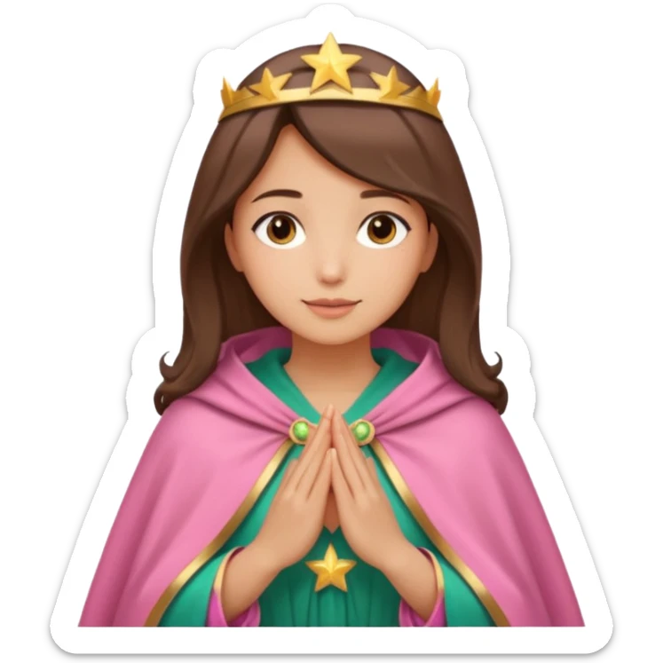 Mujer de piel morena, rostro sereno, manos juntas. Vestido rosa, manto azul verdoso con estrellas doradas. Resplandor dorado alrededor del cuerpo. sticker