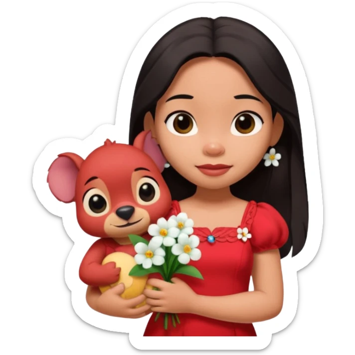 Lilo from Lilo & Stitch, in a red dress with white flowers, holding a plush toy sticker