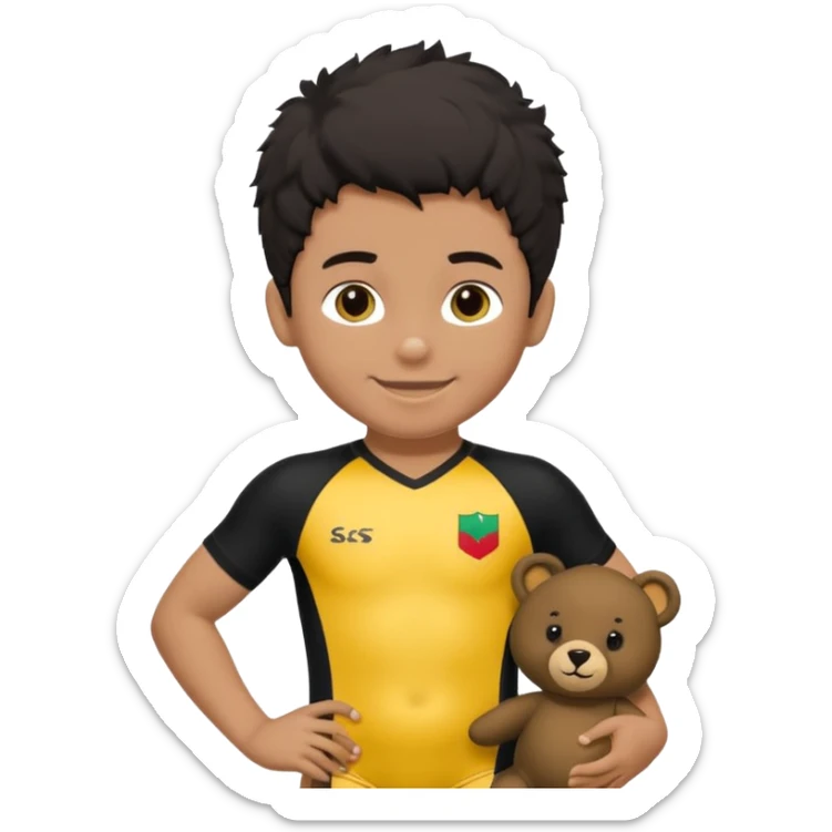 Une garçon qui a les cheveux noir qui sourit il a un maillot de l’algerie et qui a un doudou sur son epaule un ours jaune qui a des habille noir sticker