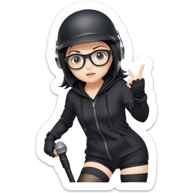 Anime girl in a black hoodie, wearing a helmet, black glasses, microphone, and thigh-high stockings, with high-tech controls sticker