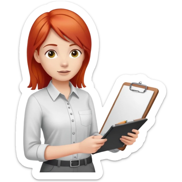 Intern or volunteer with red hair holding a clipboard and pencil, ready to take notes or assist. The character wears a simple shirt and has an eager posture sticker