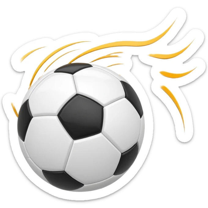 Apple-style emoji of a soccer ball with curve effect, flying with curved wind trails showing spin, glossy 3D look, clean minimal design, soft lighting, transparent background. sticker