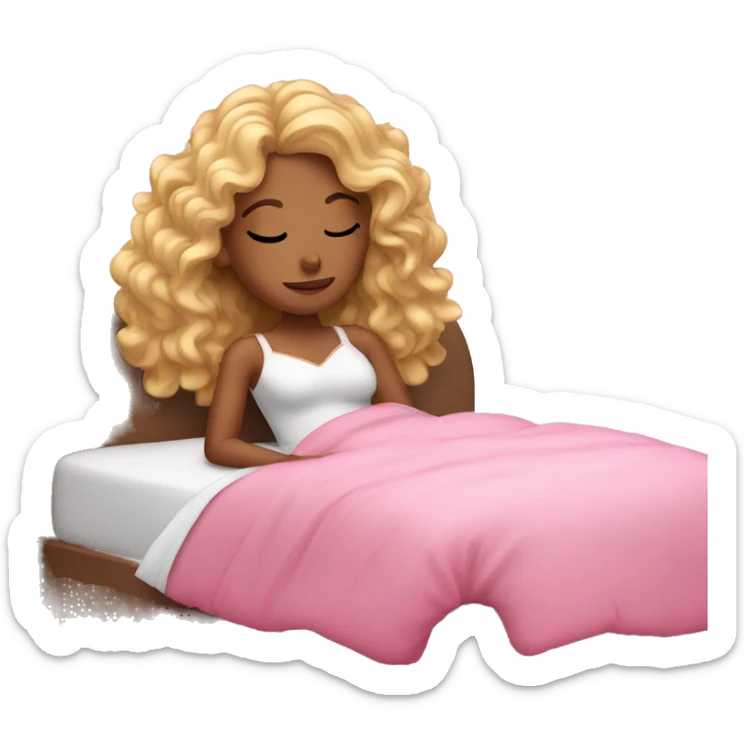 gorgeous brown skin woman with long blonde curly hair sleeping on pink princess bed sticker
