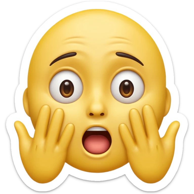 A 3D glossy yellow emoji of a shocked horrified face, with mouth and eyes are wide open, eyebrows  raised, and hands against their cheeks, face without nose, black background, high quality, soft studio lighting sticker
