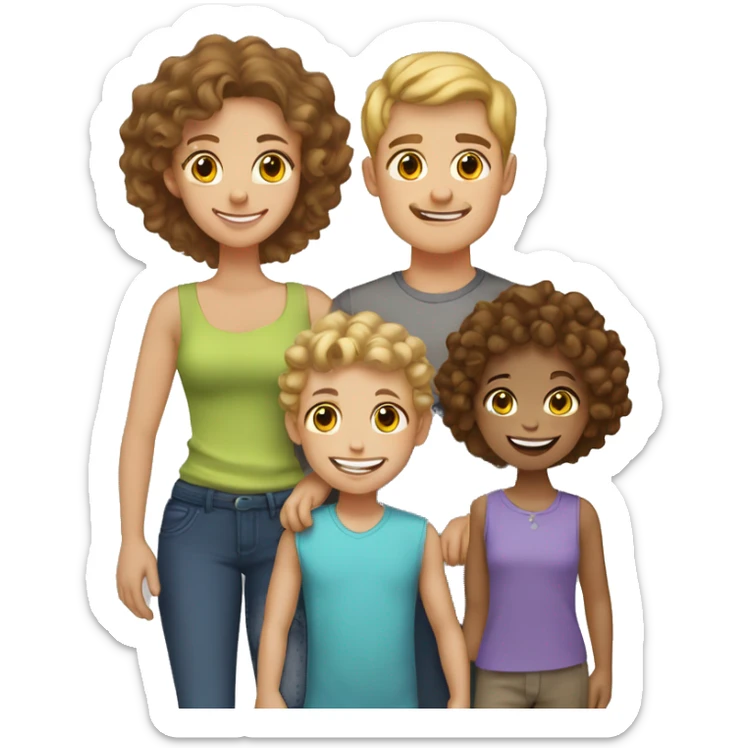Family of 5. All light skinned. Dad has brown hair. Mom has brown curly hair. Oldest boy with blonde curl hair. oldest girl with light brown hair. toddler boy, with brown hair. sticker