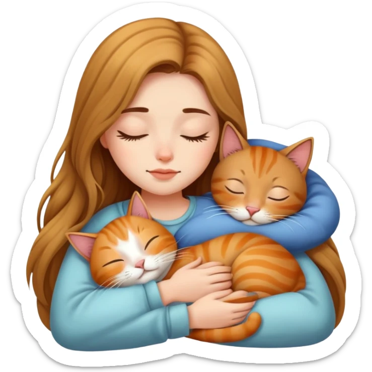 Generate a picture of a beautiful girl with long hair sleeping with a cat sticker