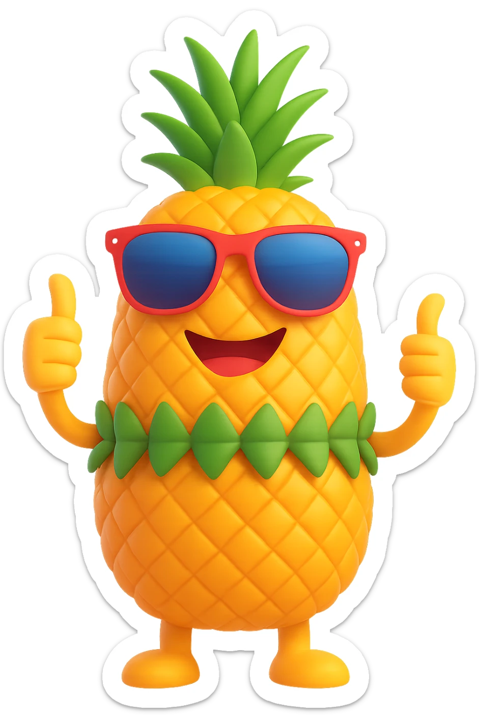 Edit the pineapple emoji in 3D emoji style to have aviator style sunglasses, keep it smiling and giving a thumbs up, no background. sticker