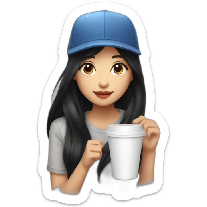 A long black hair cool Asian girl wear a baseball cap and have a cup of coffee sticker