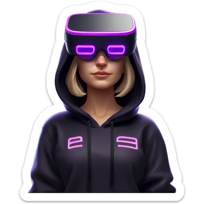 Russian girl wearing black hoody with violet letters "OMG", in vr headset oculus quest2. Standing like jedi. Cyberpunk style. Violet neon. sticker