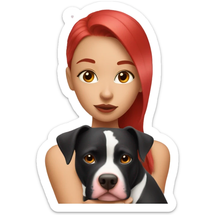 Girl with red hair kissing big black pitbull dog, pink hearts sticker