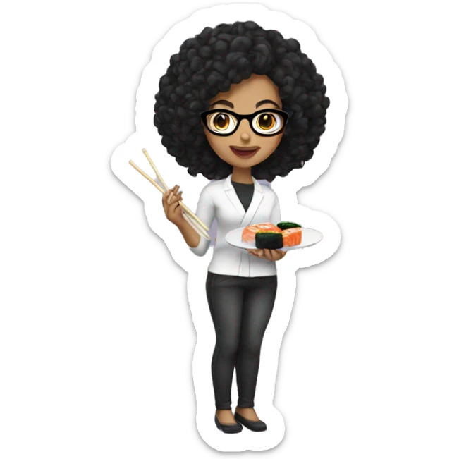 lightskin girl with curly black hair and glasses eating sushi  sticker