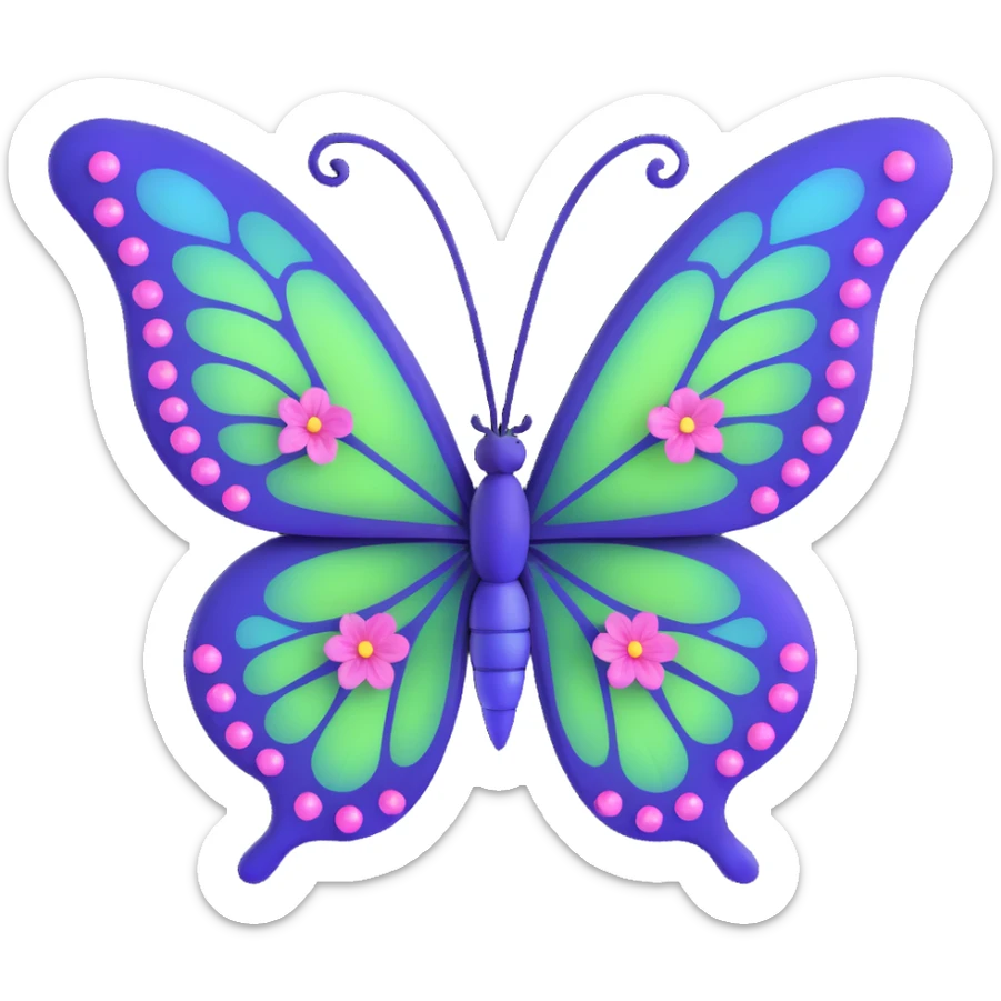 whimsical magical butterfly with vibrant #c0ff53 green wings with purple edges, glowing softly, fine vein patterns, sparkling dust and magical particles, sleek deep blue body, pink flowers on wings, 3D cartoon, elegant, fantastical sticker