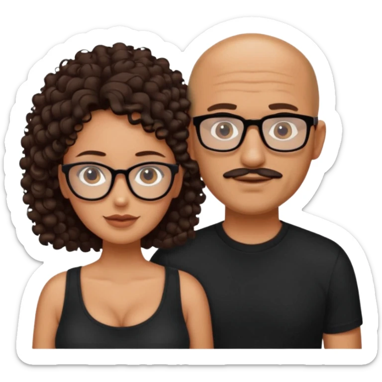 A picture of a tanned couple. the man is a Mexican man with tanned skin, no glasses, a bald hair cut, short beard and wearing a black shirt. the woman is wearing glasses, with long curly dark brown hair and with big boobs  sticker
