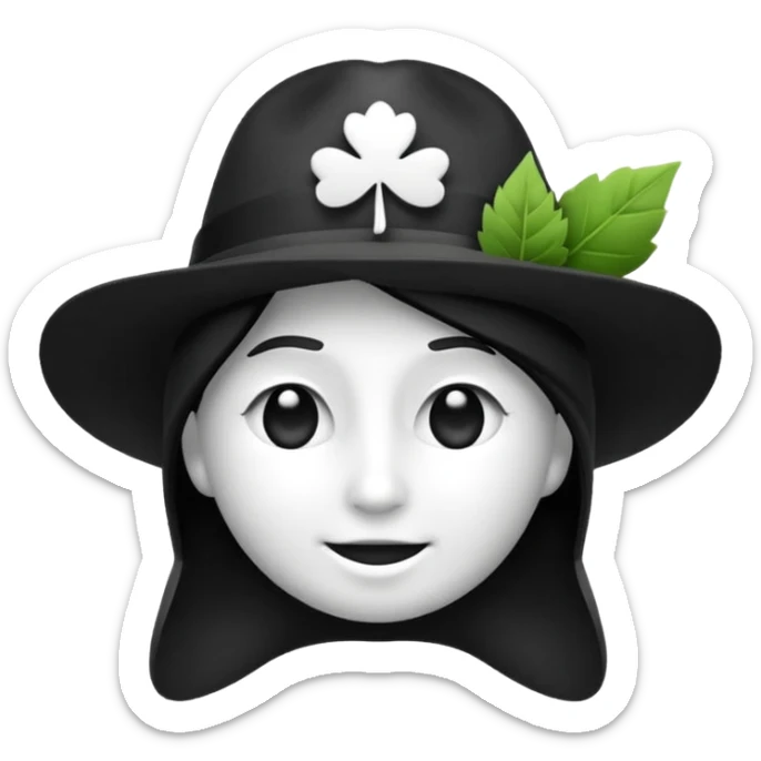 créer un emoji farfadet en noir et blanc, en traçant que les contours, sans pot de pièces dans la main et avec un trèfle à 4 feuilles sur le chapeau sticker