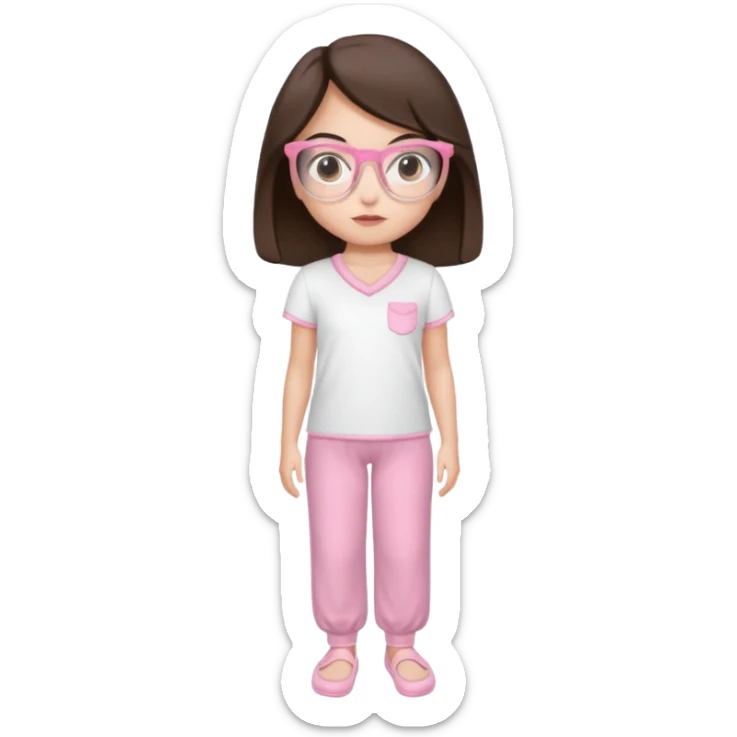 Girl with dark brown hair, light skin, brown eyes, wearing a miu miu glasses the brown ones, and wearing a top in white with a pair of pyjama pants in pink and a slipper in white  sticker