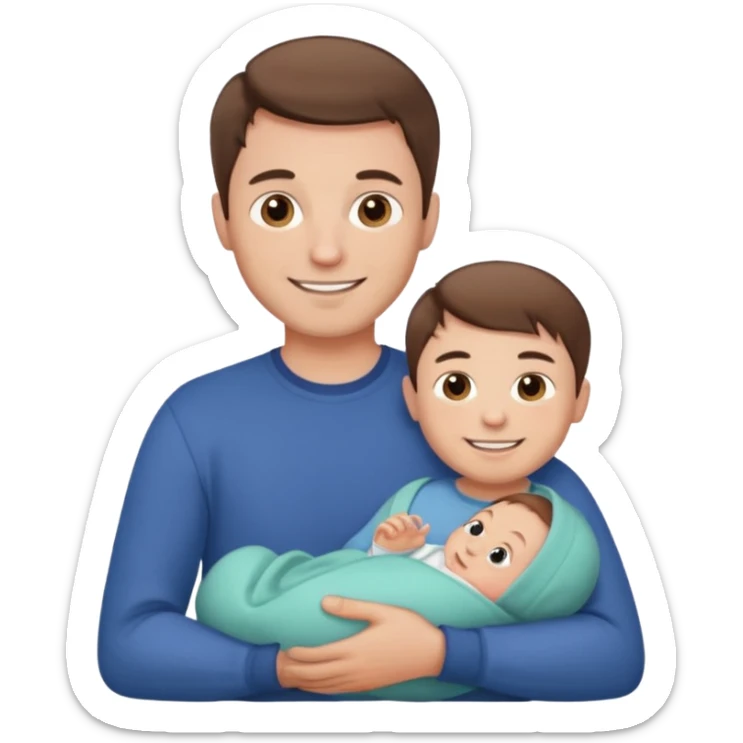 "Man with short brown hair and fair skin, without a mustache, holding a baby, smiling." sticker