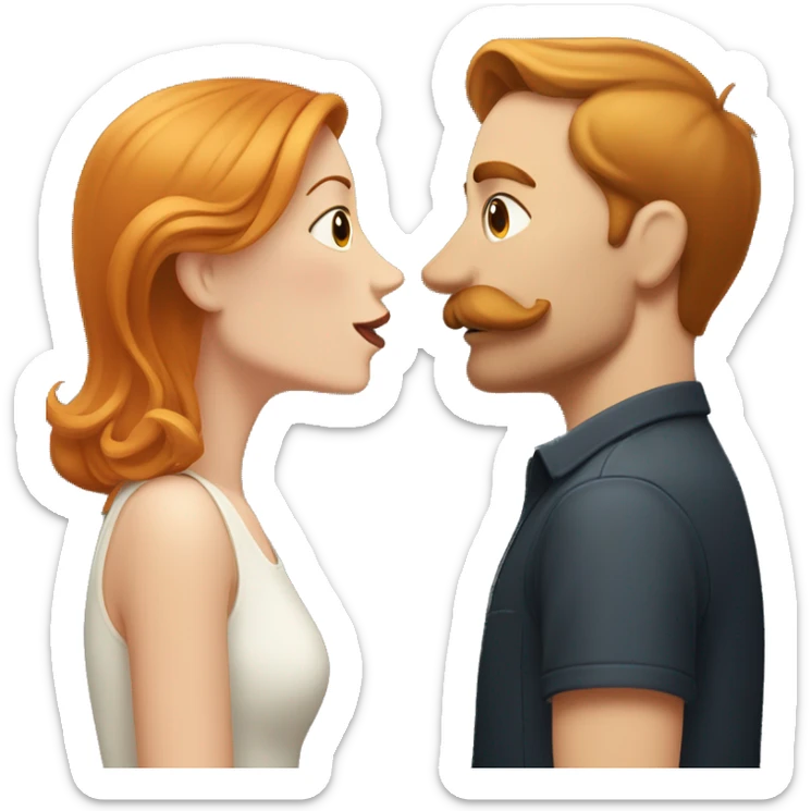 Shorter Redhead woman kissing taller blondish hair man with a mustache sticker
