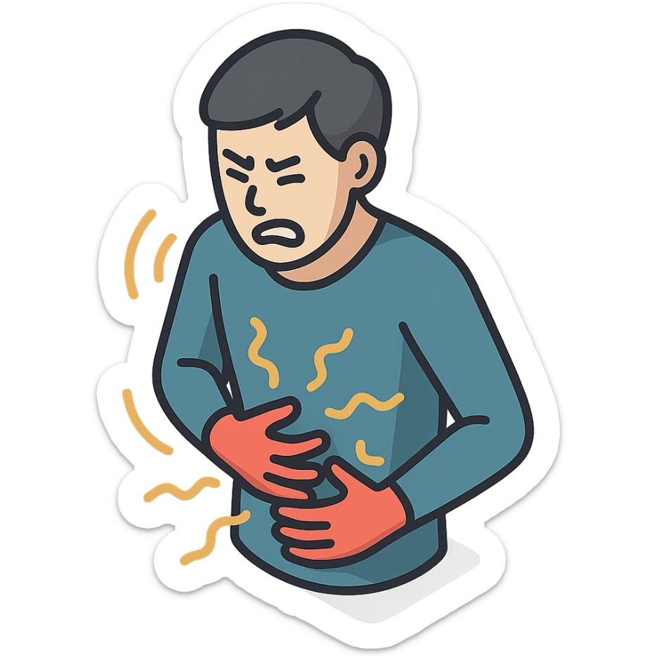 A half-body figure holding their stomach, writhing in pain with waves of pain around them, in 2d-isometric style with shadows and highlights. Focus on torso, stomach, arms, and expression of pain. Variant similar to the second in the previous series but with different arm positions and varying intensity of pain waves. Transparent background. sticker