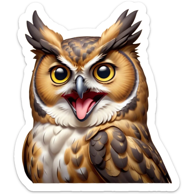 Cinematic Cute Yawning Great Horned Owl Portrait Emoji, Head tilted slightly with a dramatic, wide-open yawn, showcasing a soft, downy mottled plumage with gently drooping feathers, round golden eyes barely open in drowsy contentment, Simplified yet irresistibly adorable features, highly detailed, glowing with a soft, cozy glow, high shine, relaxed yet expressive, stylized with a touch of nocturnal whimsy, bright and endearing, soft glowing outline, capturing the essence of a sleepy yet affectionate owl, so drowsy it feels like it could glide out of the screen and curl up for a nap! sticker