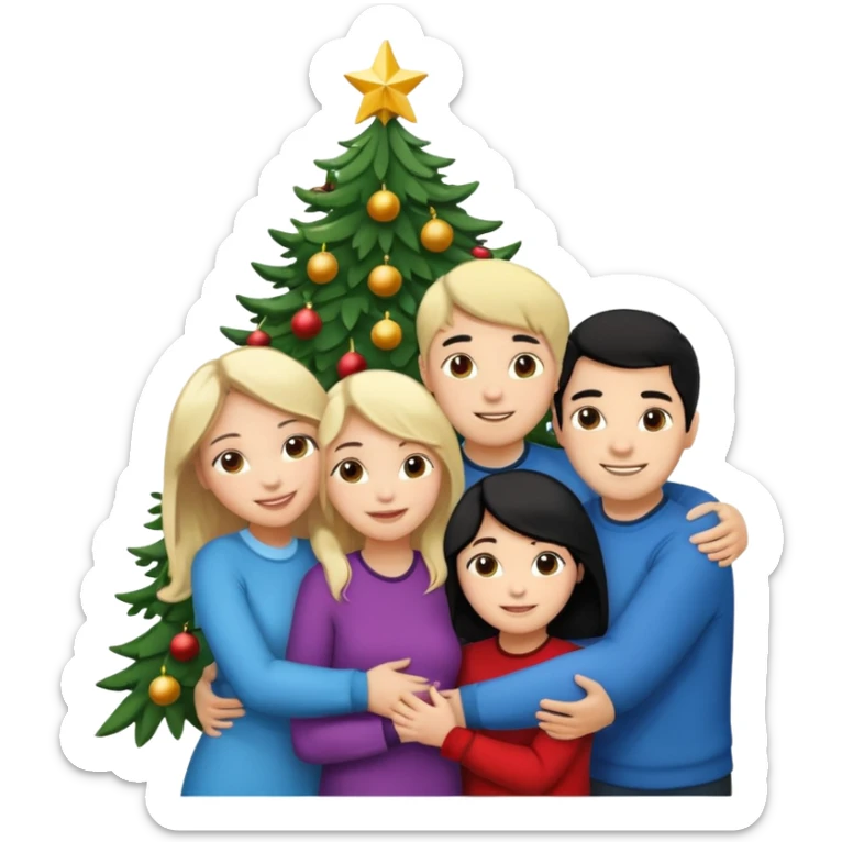 Generate Christmas-style emojis  family. Where light-skinned people stand near the tree all together, hugging and smiling.  girl should be Light-haired woman, woman, black-haired woman, and 1 man . Add 4 people: Mother, Sister, Sister, Brother  sticker